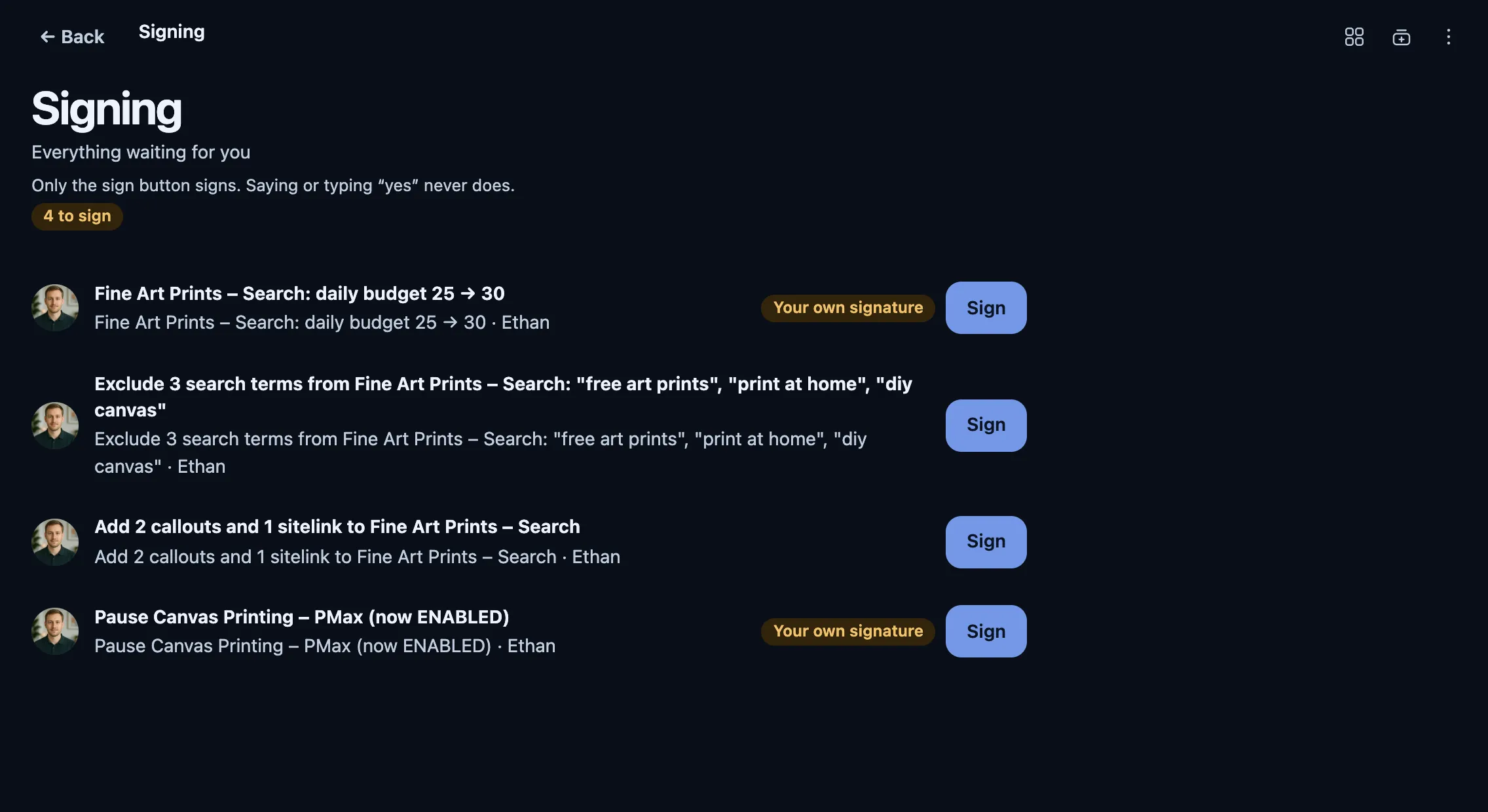 The Signing folder: four Google Ads changes from the Paid Ads Specialist, each with its own Sign button.