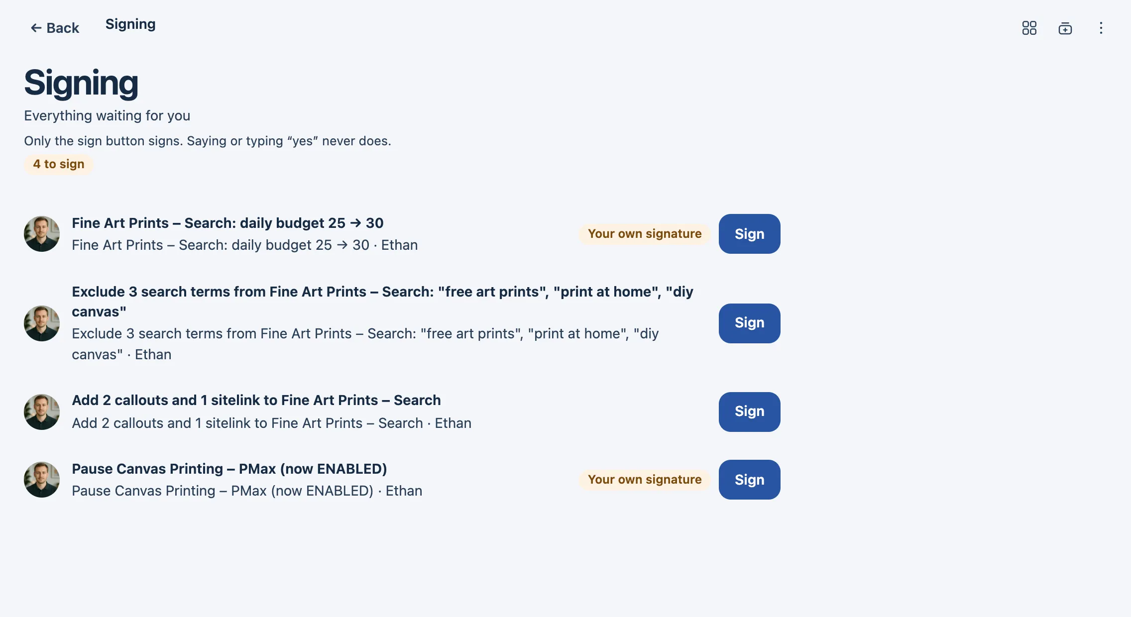 The Signing folder: four Google Ads changes from the Paid Ads Specialist, each with its own Sign button.
