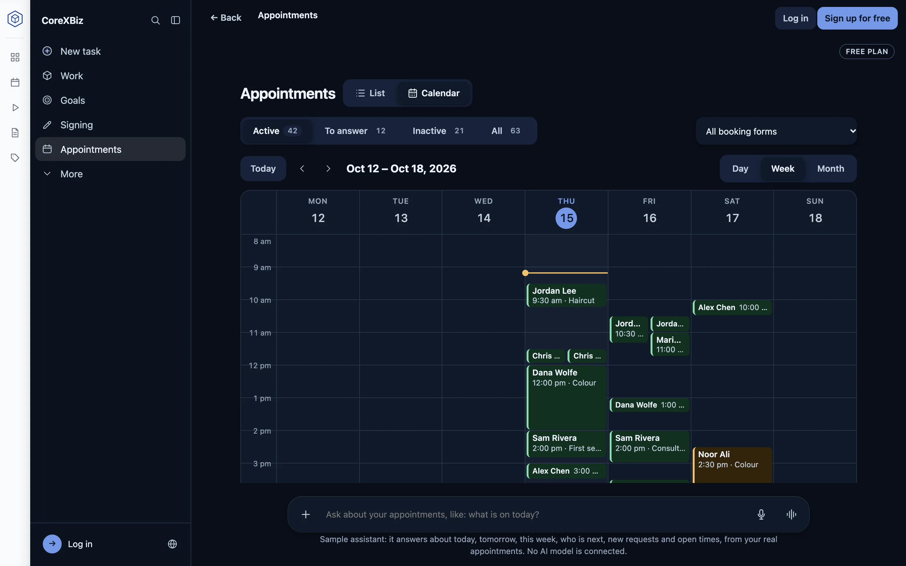 The week view of the calendar: appointments from Monday to Sunday, with the customer, time and service on each.