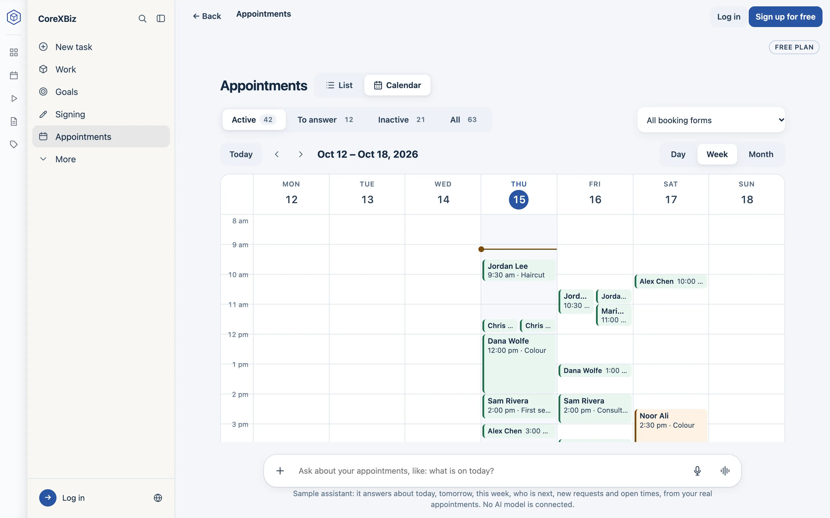 The week view of the calendar: appointments from Monday to Sunday, with the customer, time and service on each.