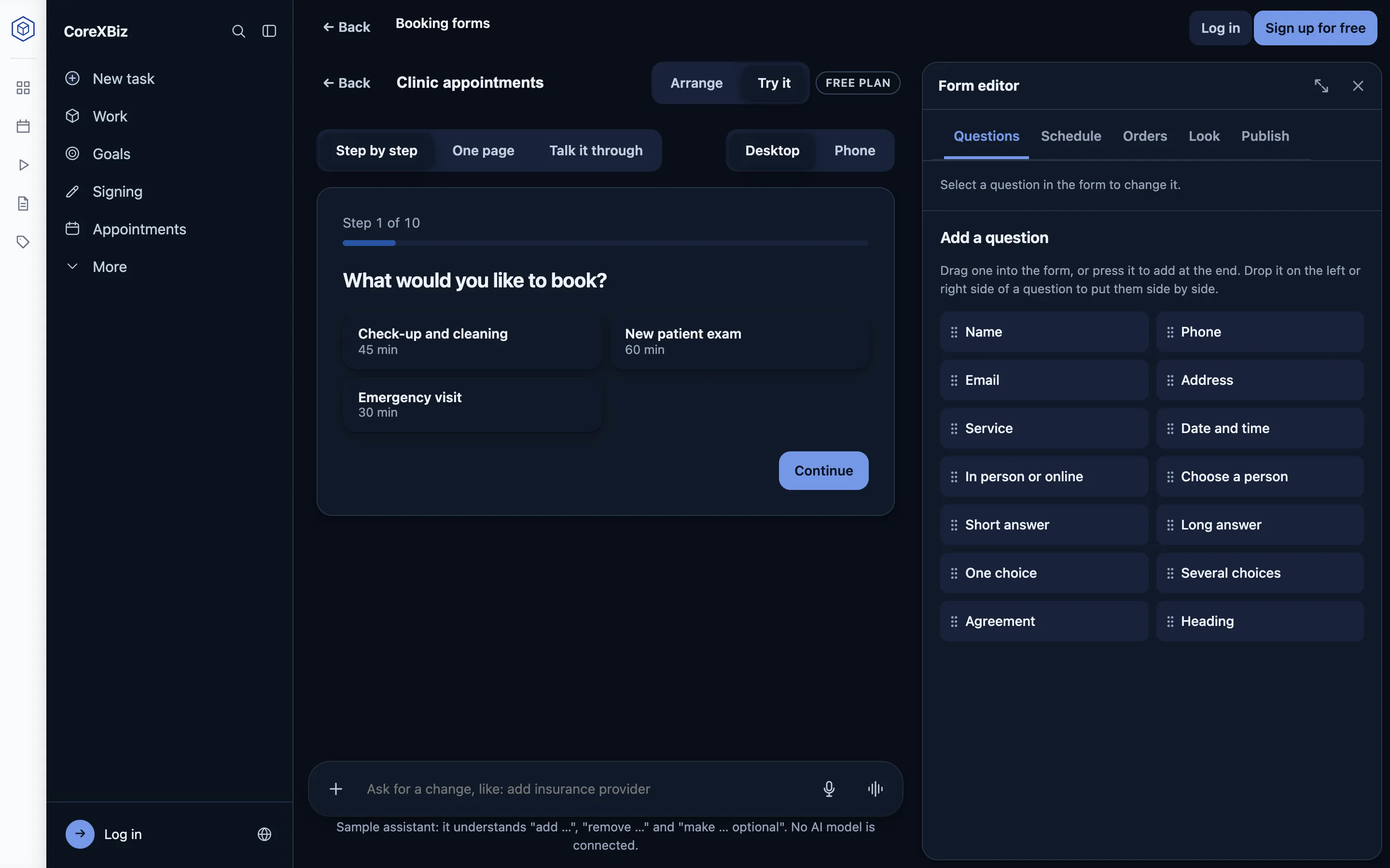 A form being built: the customer’s first step, “What would you like to book?”, beside the Form editor with the questions you can add.