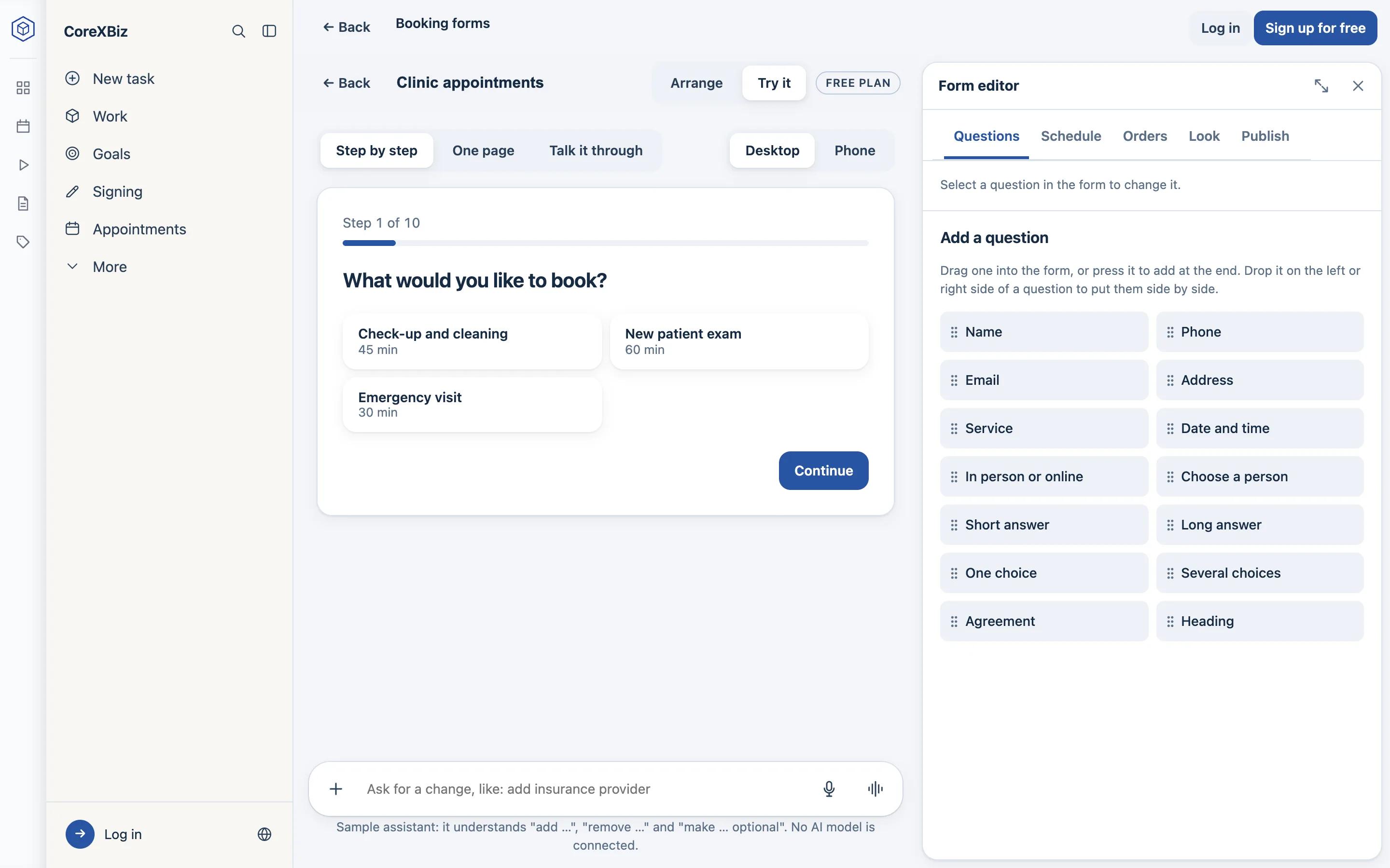A form being built: the customer’s first step, “What would you like to book?”, beside the Form editor with the questions you can add.