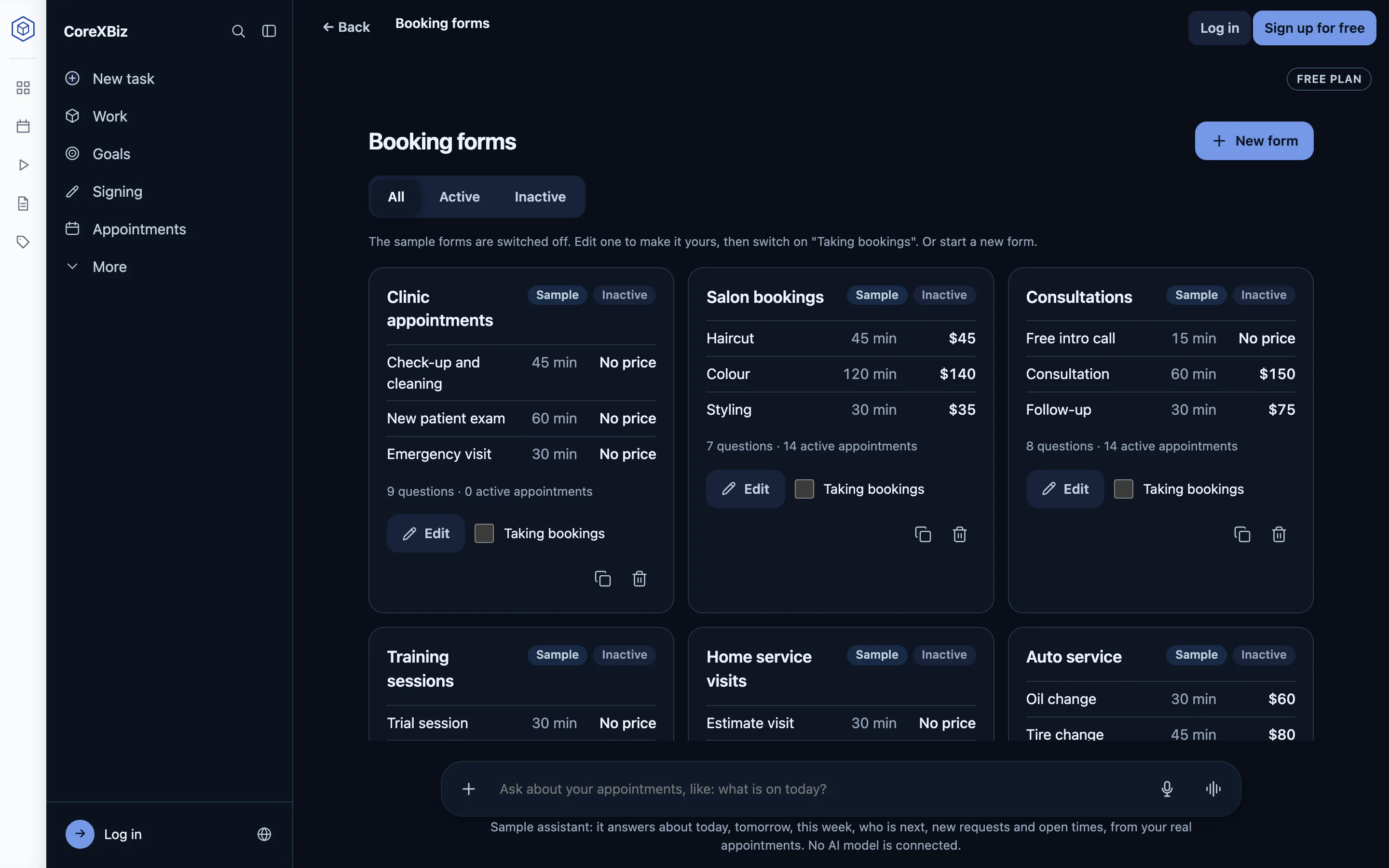 The Booking forms page: ready-made forms for a clinic, a salon and consultations, each with its services, lengths and prices and a “Taking bookings” switch.