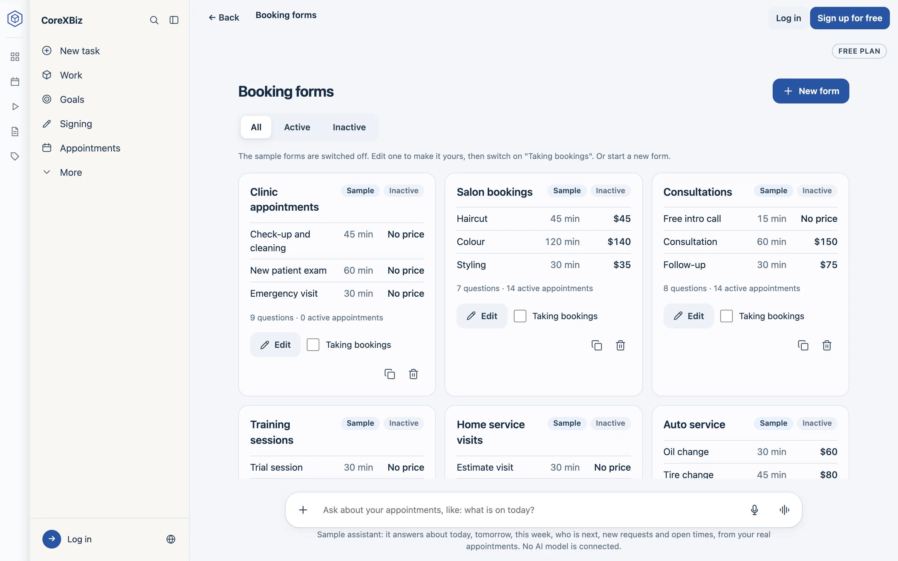 The Booking forms page: ready-made forms for a clinic, a salon and consultations, each with its services, lengths and prices and a “Taking bookings” switch.