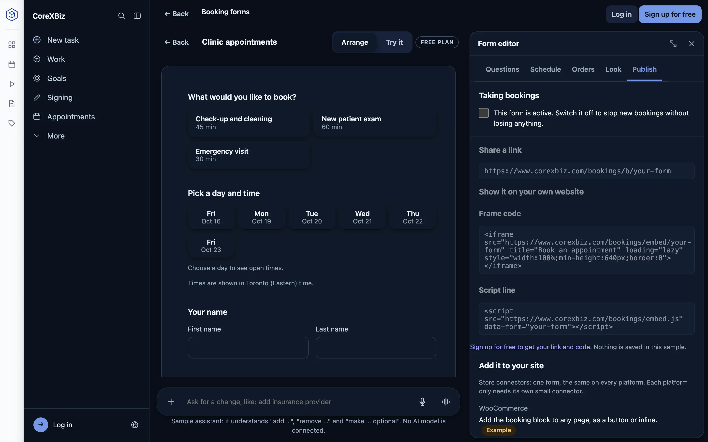 The Publish tab: the form’s link, the frame code and the one line of script to show the form on your own website.