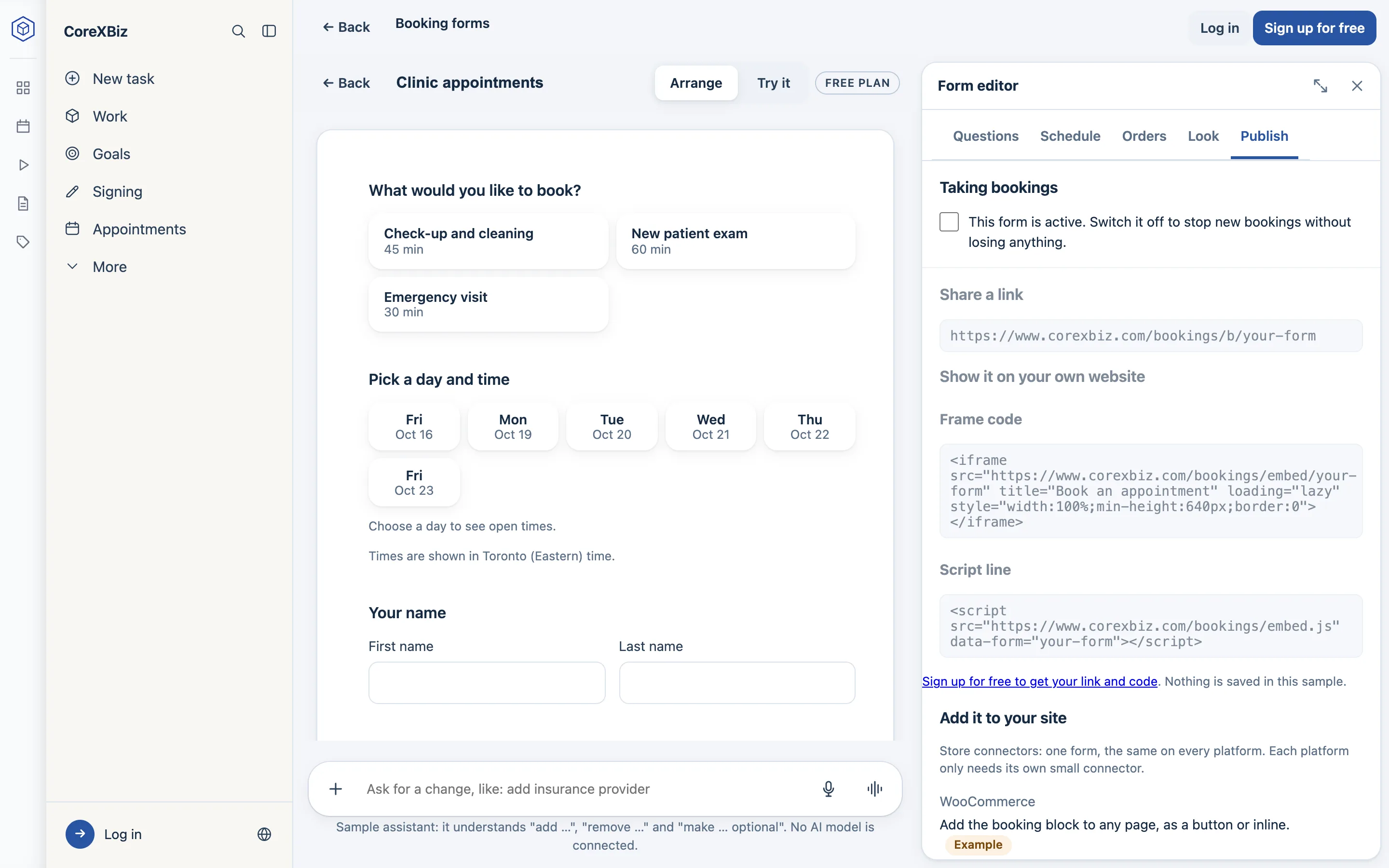 The Publish tab: the form’s link, the frame code and the one line of script to show the form on your own website.