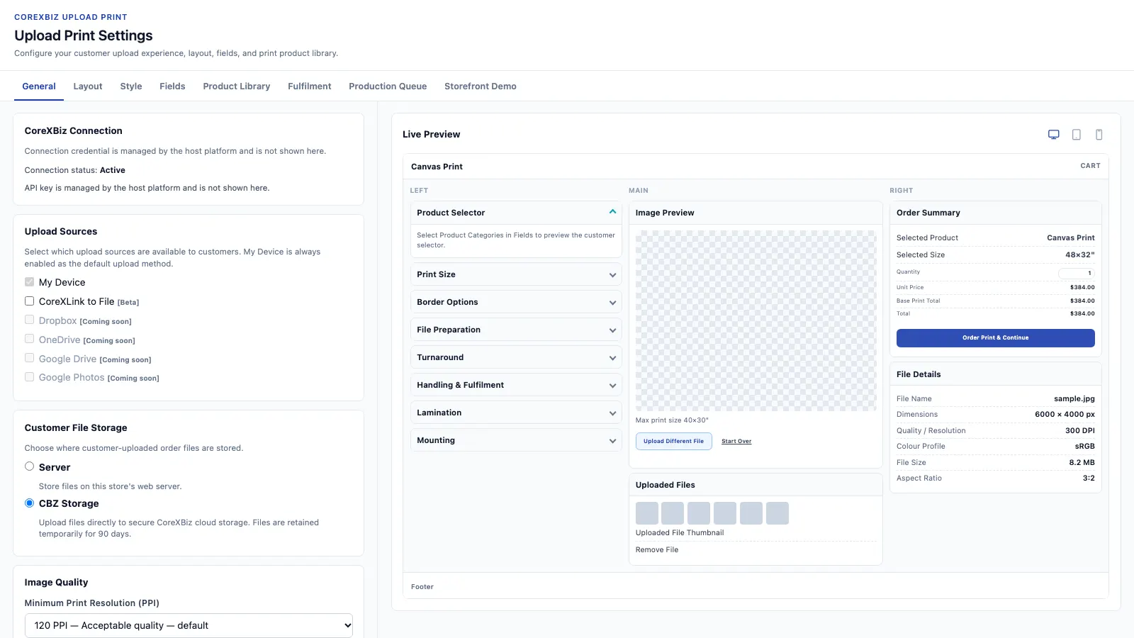 The Upload Print settings screen with its live preview
